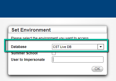 An image of the Set Environment box in TAC when logged in as a user. The Database line is outlined showing CST Live DB as the selected option. Just below that is the line that says Summer School with an unchecked box next to it. 